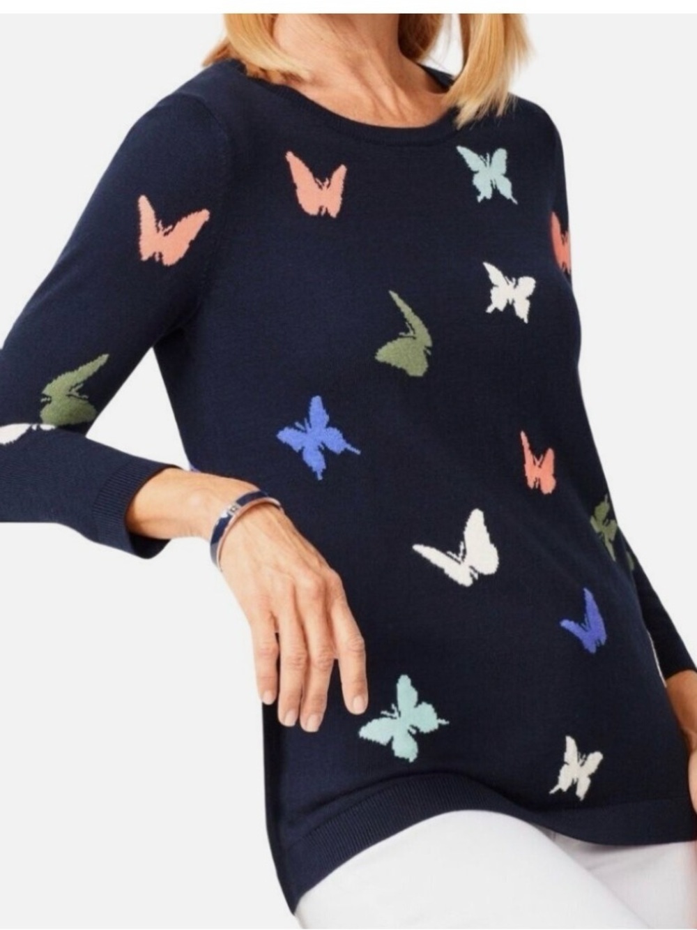 Talbots Butterfly Jaquard Sweater 3/4 Sleeves Navy Colorful Butterfly Petite XS